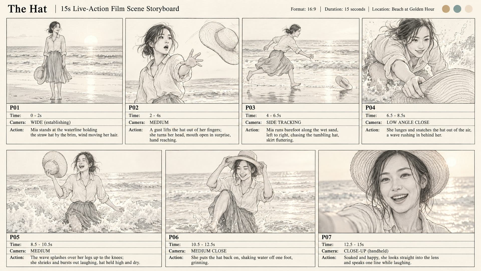 Seven-panel storyboard for the short film “The Hat”