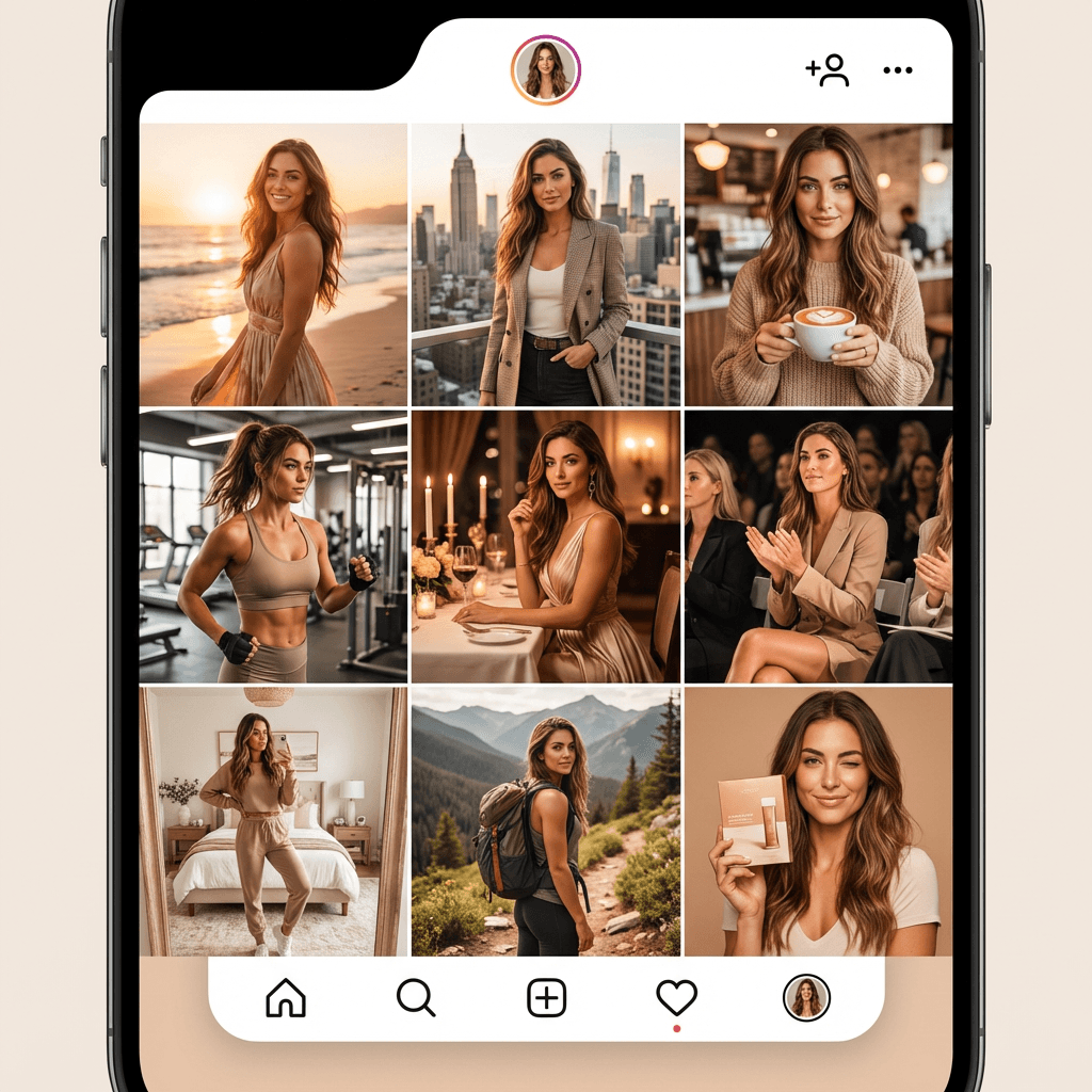 AI influencer Instagram grid with 9 lifestyle posts